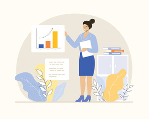 Financial data analysis, analytics concept. Woman analyzes graphs, charts, business dashboard, prepares a report. Flat vector illustration.
