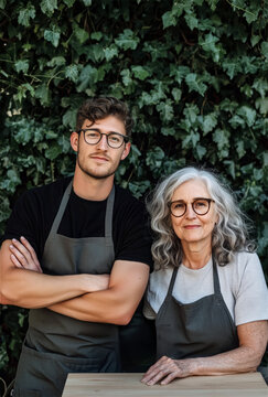 Young and Elderly Chef Standing Together in Front of Green Wall, Family Business and Culinary Craftsmanship