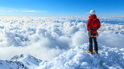 Climber atop snowy mountain peak, clouds below, sunny sky, achievement