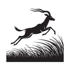 Antelope leaping across grass Silhouette Vector Illustration, Solid White Background.
