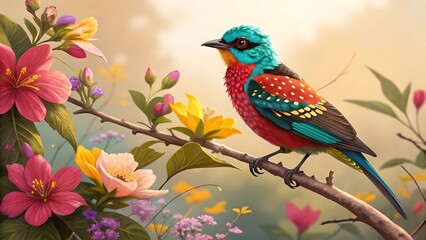 A colorful tropical bird with a vibrant beak perches on a tree branch in nature