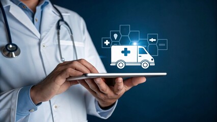 Doctor utilizing advanced tablet technology with ambulance icon, representing the integration of medical future technology in healthcare solutions.