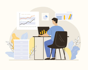 Data analysis, analytics, reporting concept. Man working with information, charts, graphs on a laptop. Flat vector illustration.