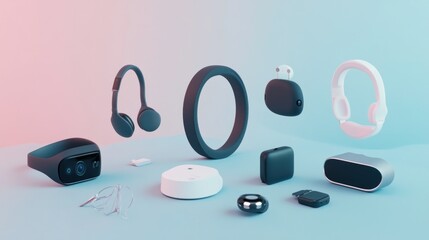Assortment of modern technology and wearable devices on a studio backdrop