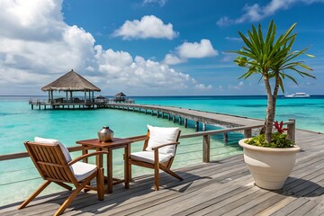 Fototapeta premium Relaxing beach resort view with chairs, table, and ocean in the background perfect for a tropical summer vacation