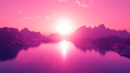 Fototapeta premium Pink Sunset over Calm Lake Silhouetted Mountains Reflecting Soft Light. AI Generated