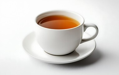Hot tea cup, saucer, white background, breakfast