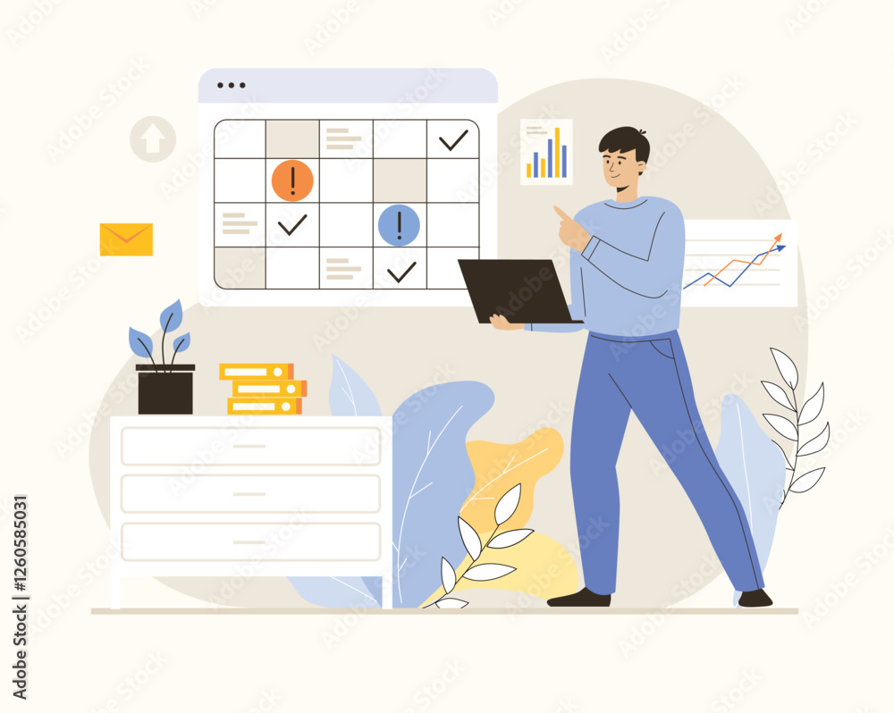Poster effective time management concept. businessman planning schedule on calendar and organizing workflow