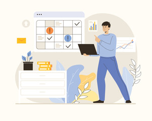 Effective time management concept. Businessman planning schedule on calendar and organizing workflow. Flat vector illustration.