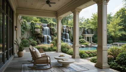 Fototapeta premium An inviting veranda with a comfortable rocking chair and a minimalist table, overlooking a stunning artificial waterfall and a carefully landscaped garden for a relaxing ambiance