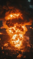Fototapeta premium Explosive fireball erupts over industrial area during nighttime, illuminating the sky with vibrant flames