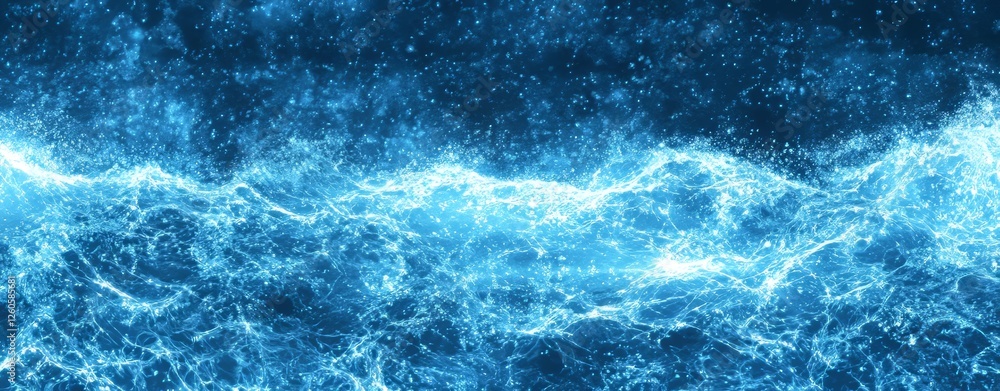 Poster the background is abstract, featuring particles in a dynamic liquid flow, creating a trendy fluid co