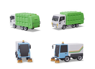 Realistic garbage truck, street vacuum cleaner. Set of vector vehicles in different positions. Transport of modern communal services. Machines for city cleaning