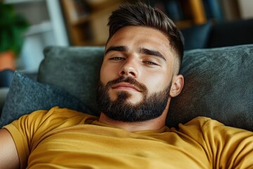 Obraz premium Find Serenity A Relaxed young man resting comfortably on a couch, breathing fresh air, representing peace of mind in a cozy apartment Discover the essence of relaxation with this image, showcasing