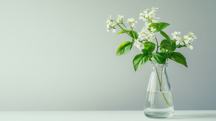 A vibrant green basil branch with delicate white flowers arranged in a clear glass vase against a soft gray background, creating a minimalist aesthetic