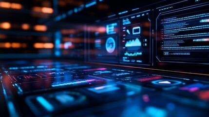 Data analysis dashboard glows in dark server room