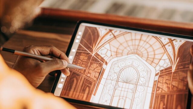 Closeup of a designer sketching on a digital tablet with holographic designs materializing beside them transforming traditional concepts into interactive 3D models.