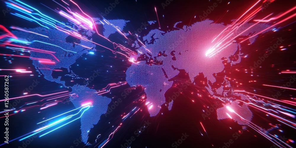 Poster a vibrant, digital representation of a world map, illuminated with dynamic red and blue lines, sugge