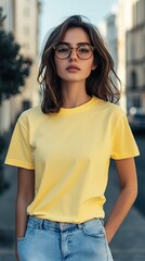 A woman wearing butter yellow color t shirt mockup; with glasses; on the street; front view