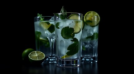 Close-up view of mojito cocktail in glasses, mint and limes on black, cocktail drinks concept