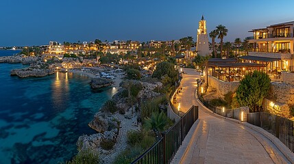 Naklejka premium Coastal resort at twilight, lit pathway, ocean view, tranquil scene, travel brochure