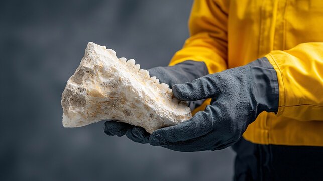Geologist Holding Rock Sample in Protective Gloves and Jacket