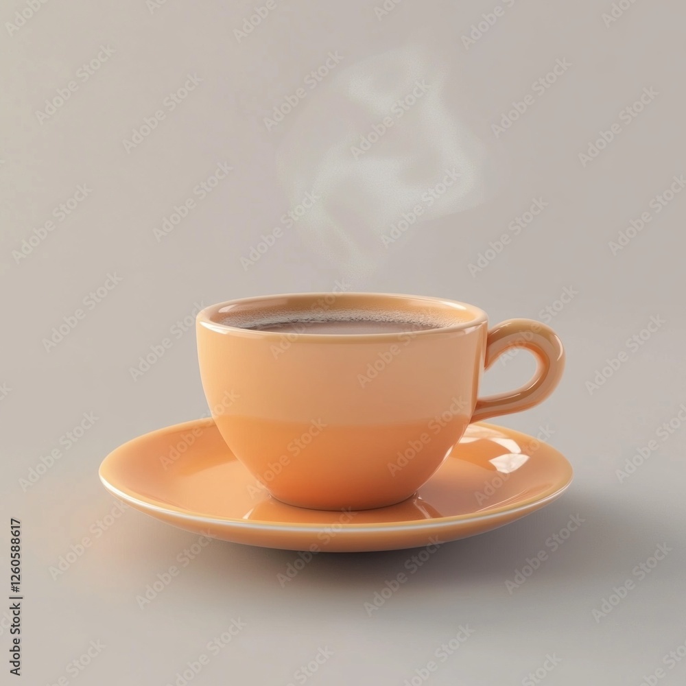 Poster soft steam curls upwards from a delicate cup of coffee, resting on a matching saucer, inviting relax