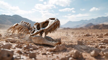 Fototapeta premium Detailed Dinosaur Skeleton in Desert Landscape Under Blue Sky