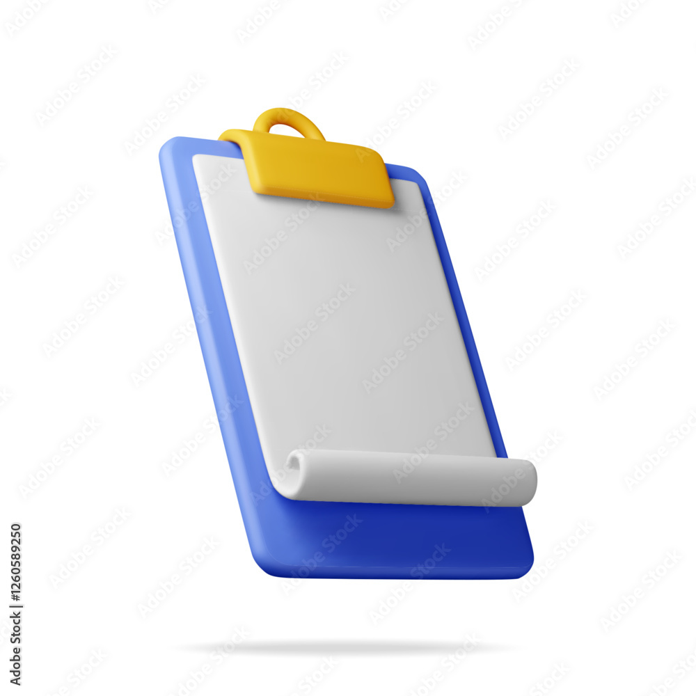 Poster 3d clipboard with empty paper sheet isolated on white background. clipboard render with white paper.
