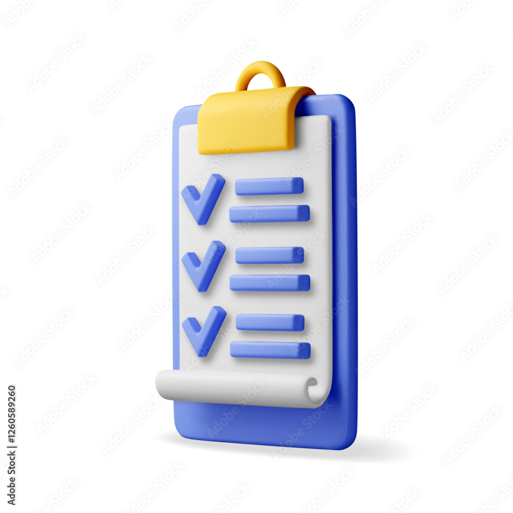 Poster 3d paper clipboard holder with checklist symbol. clipboard with paper sheet and check mark icon. 3d 