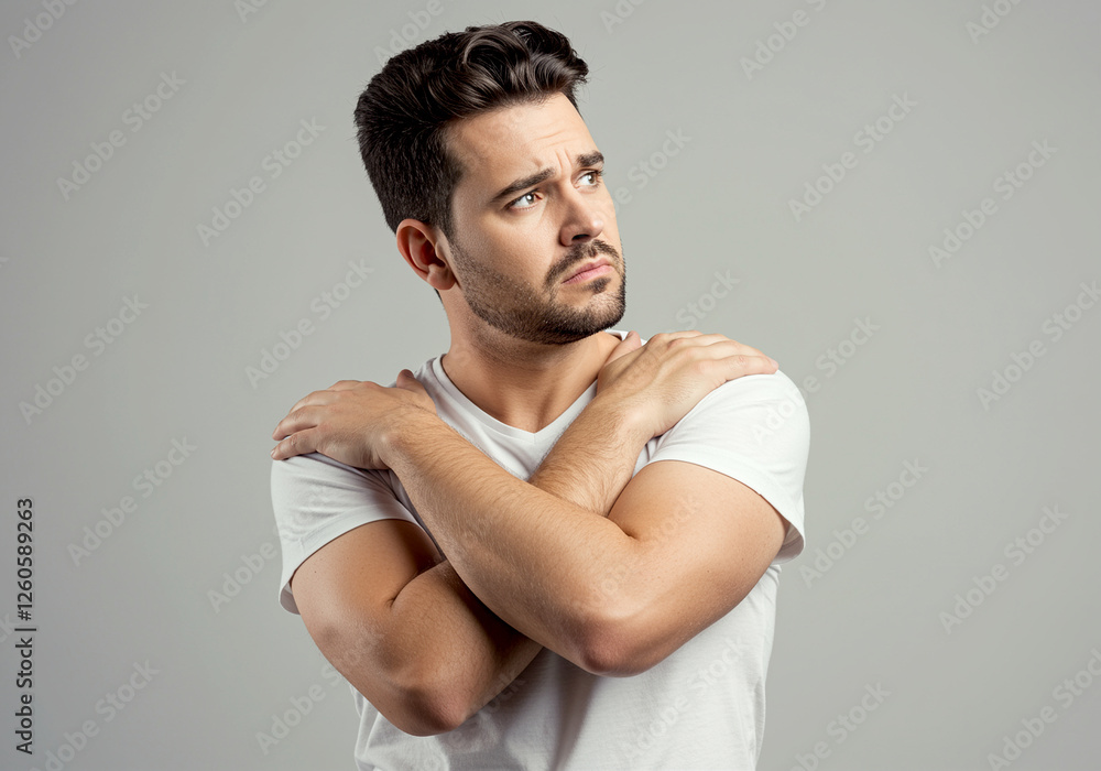 Poster man in thoughtful pose with emotional expression looking up