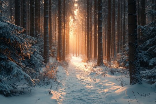 Sunlit snowy path through winter forest