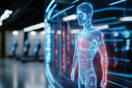 A 3D-rendered futuristic gym where holographic personal trainers guide people through customized workouts