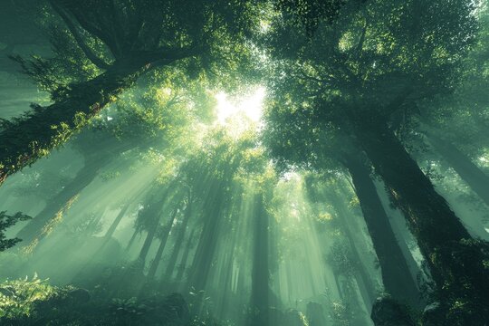 Sunbeams pierce misty forest canopy; nature background