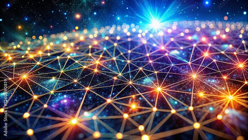 Poster cosmic computer network: tilt-shift ai intelligence, luminous nodes, futuristic technology