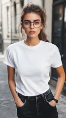 A woman wearing white color t shirt mockup; with glasses; on the street; front view