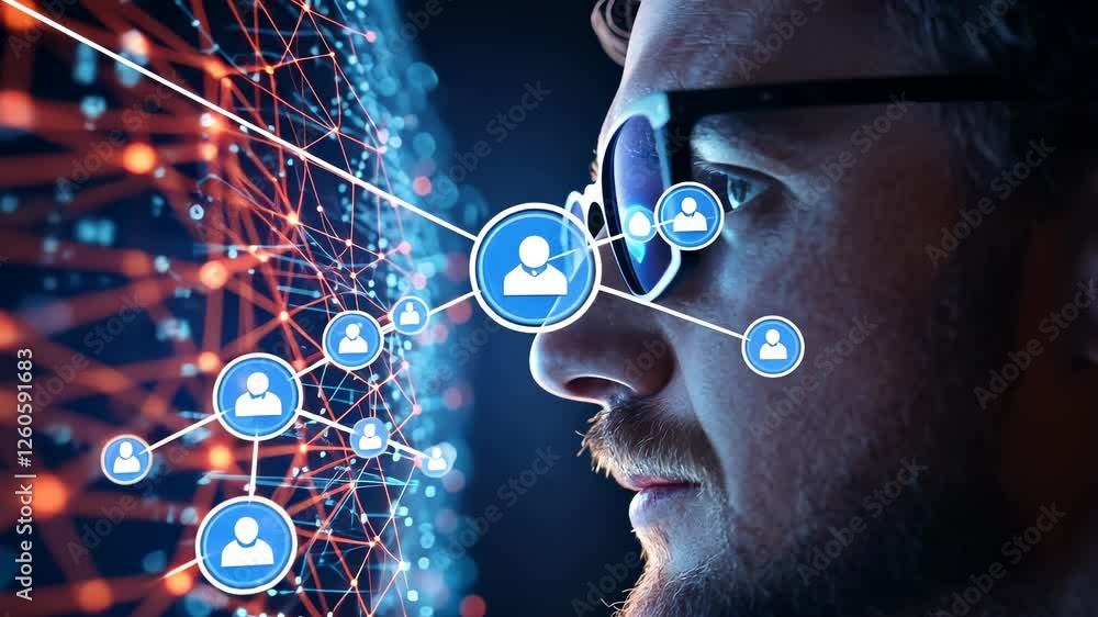 Poster scientist wearing smart glasses analyzes data virtual holographic overlay ai robot scene features fa