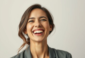 Photorealistic portrait of a laughing woman