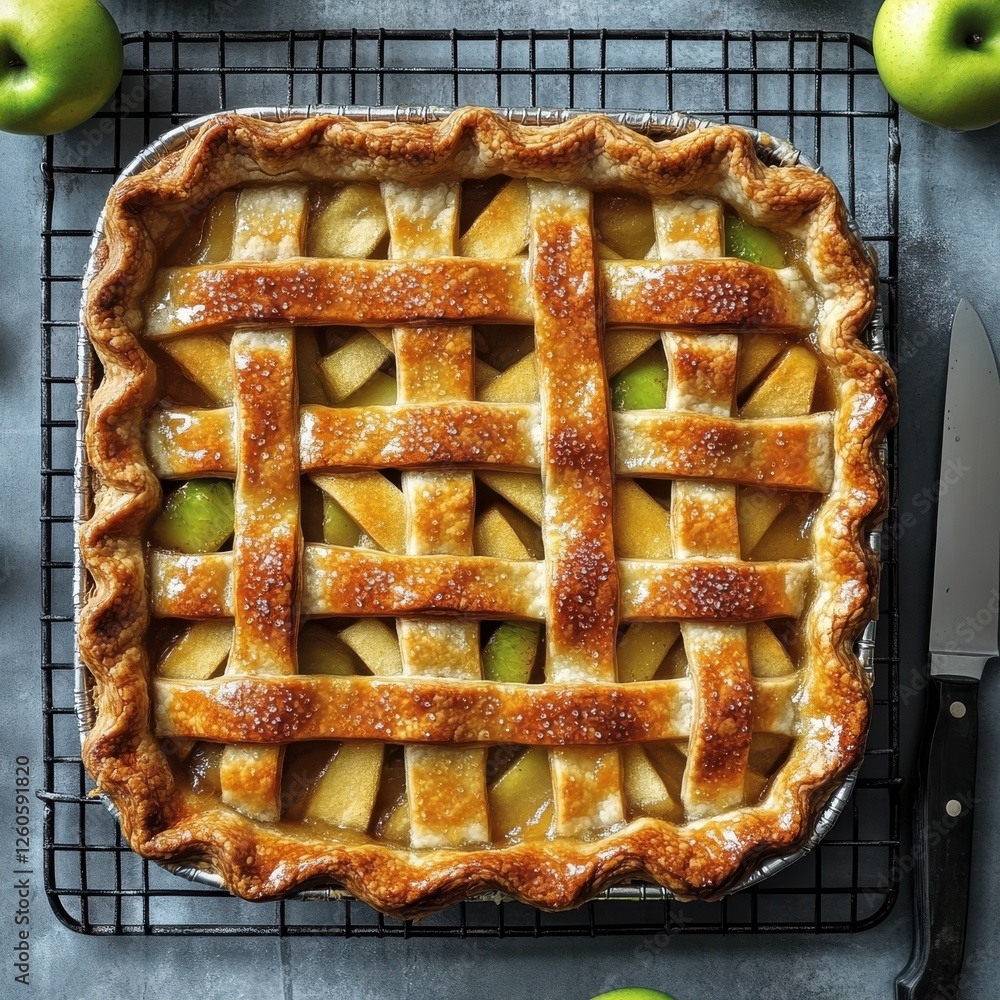 Poster freshly baked apple pie with lattice crust on cooling rack surrounded by green apples and sliced kni