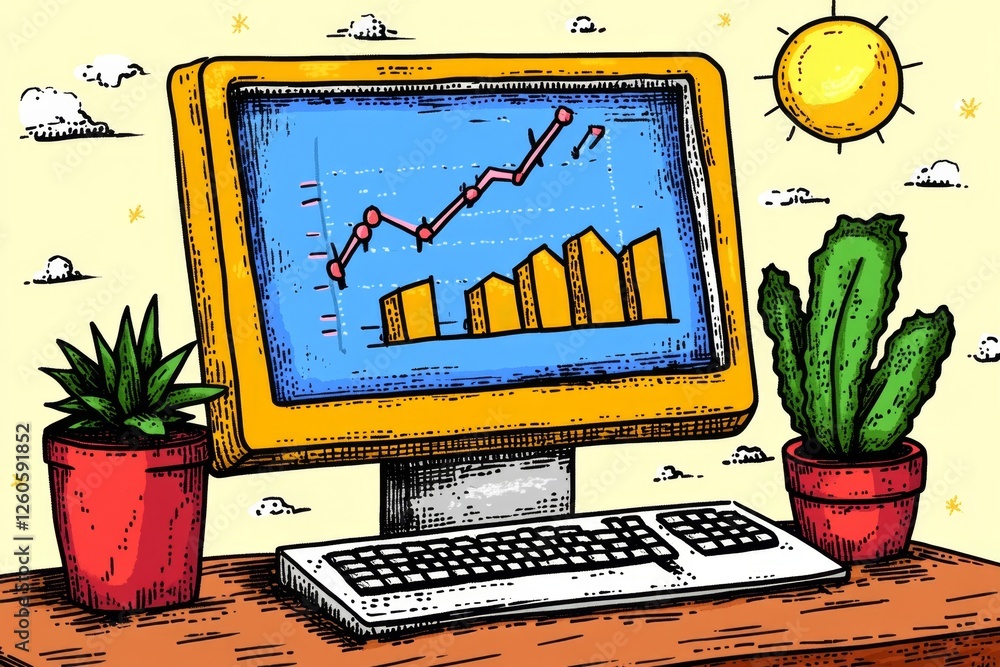 Fototapete A 8-bit pixel art of a classic statistics dashboard with pixelated graphs and numbers on a retro computer screen