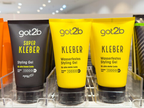 Got2b kleber styling gel products on store shelf: haircare and styling solutions