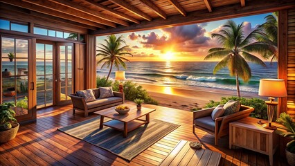 Fototapeta premium Cozy Beachfront Bungalow: Sunlit Wooden Interior, Ocean View, Relaxing Vacation