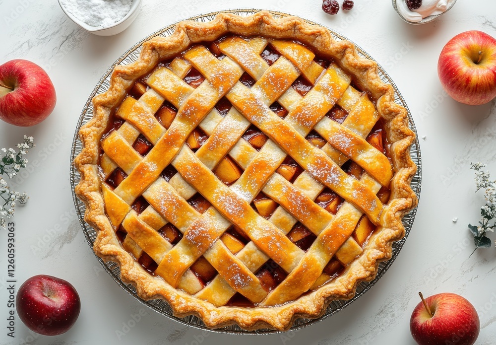 Poster freshly baked apple pie with lattice crust surrounded by red apples and decorative elements on a lig