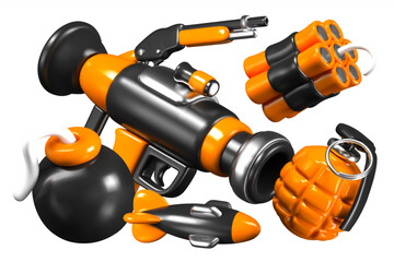 Realistic bazooka, dynamite, bomb, grenade, rocket, gun. Vector game composition