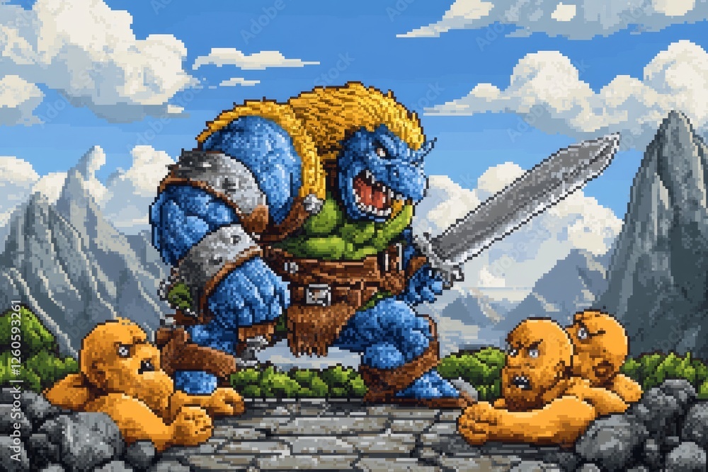 Fototapete a 8-bit pixel art of a retro video game character training by fighting against pixelated dummies in 