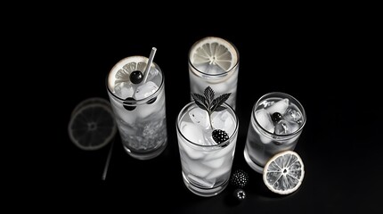 Chilled soft drinks with ice, citrus fruits and berries, black background, selective focus