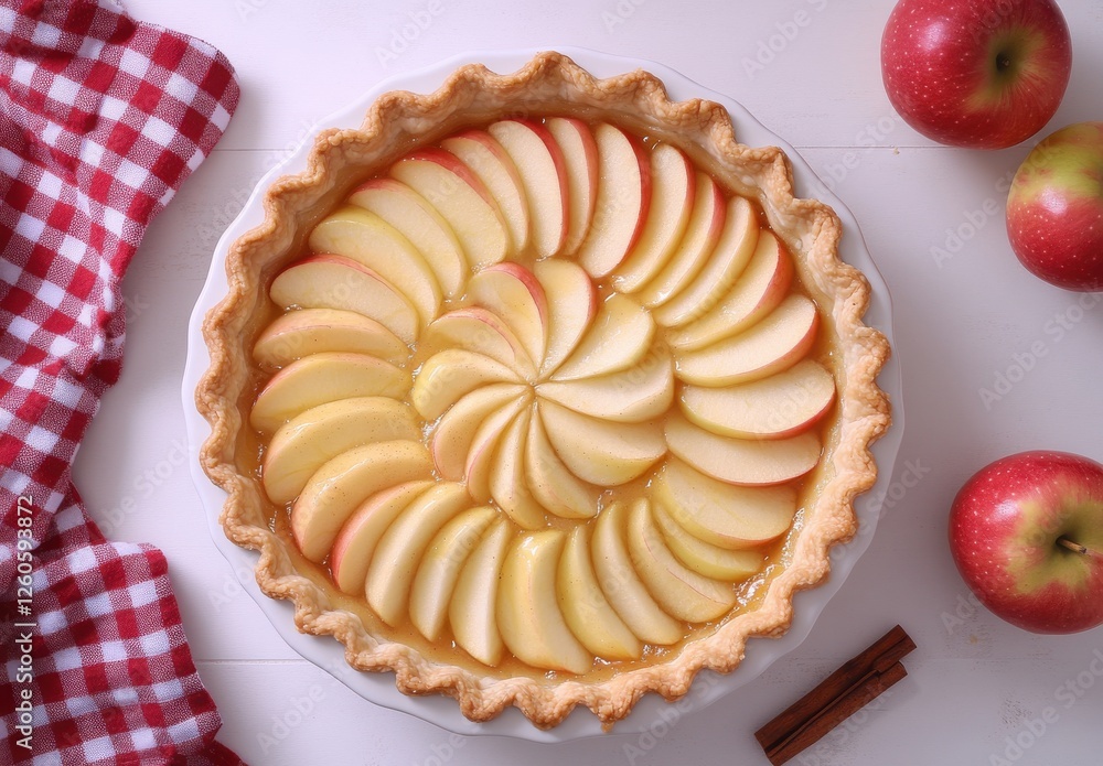 Poster freshly baked apple pie with sliced apples on top surrounded by cinnamon sticks and red apples on a 