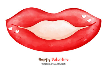 love valentine, Red lips illustration with hearts, perfect for Valentine Day. watercolor design that conveys love and affection. Ideal for greeting cards and romantic themes