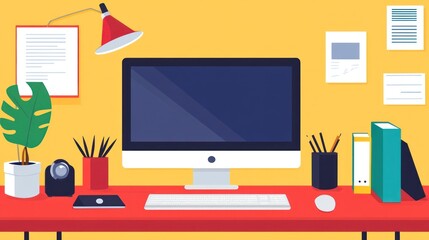 Modern creative office workspace with computer and stationery items