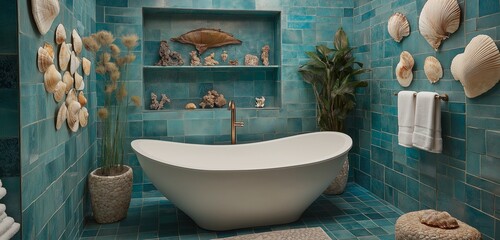 A coastal-themed bathroom with sea-blue tiles, a freestanding bathtub, and shell decorations.